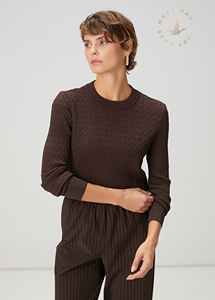 Kahverengi Saç Örgü Basic Kazak