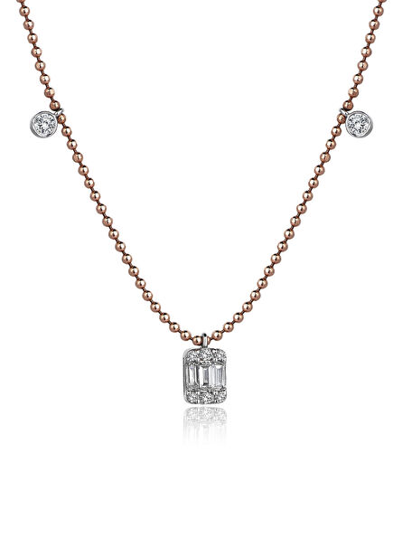 Sıra Baget Pırlanta Taşlı 14 Ayar Rose Gold Kadın Kolye