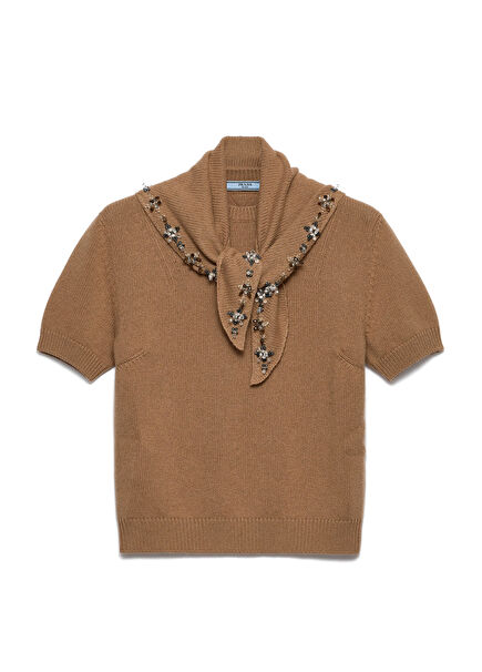 Brown Cashmere Scarf Short Sleeve Women's Sweater