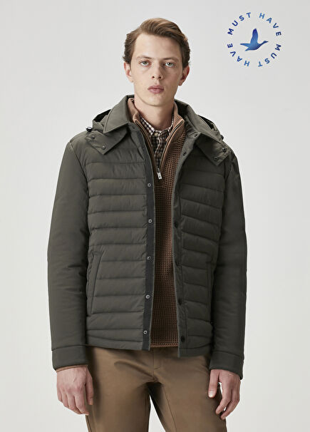 Haki Kapüşonlu Kapitoneli Mont