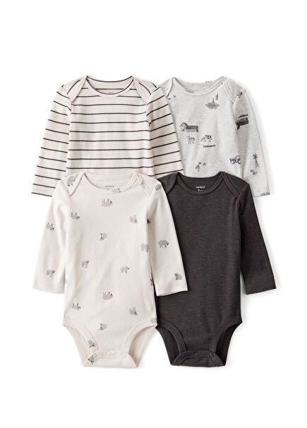 Layette Renkli Uzun Kollu Erkek Bebek 4'lü Çıtçıtlı Body Seti