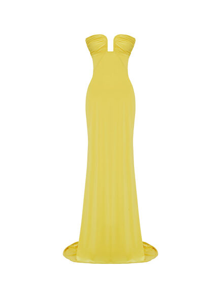 Yellow Drape Detailed Jersey Women's Long Evening Dress