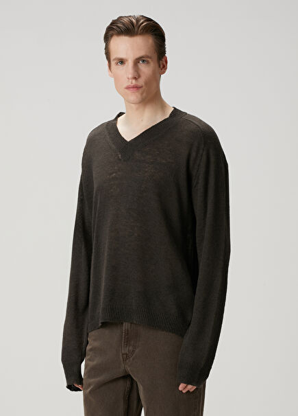 Rue Dark Khaki V-Neck Linen Sweater