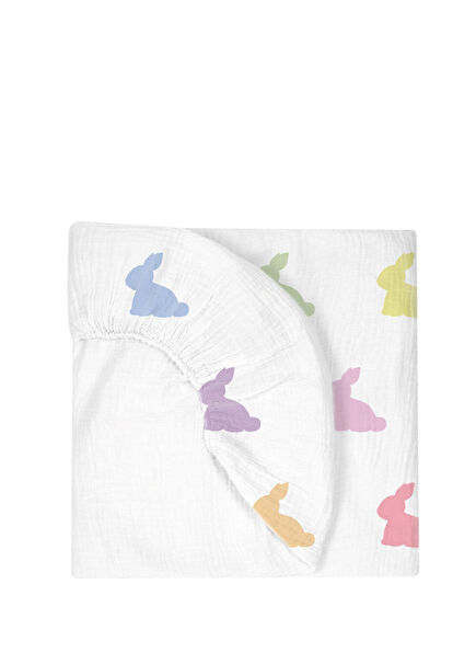 %100 Pamuk Rainbow Lapin Müslin Lastikli Bebek Çarşafı 70 x 140 cm