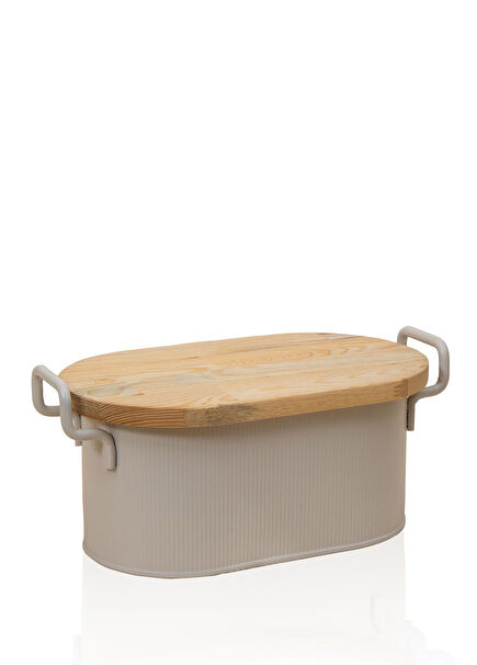 Stripe Beige Bread Box with Wooden Lid 40 cm