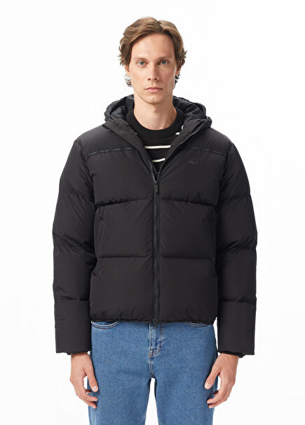 Siyah Kapüşonlu Erkek Şişme Mont