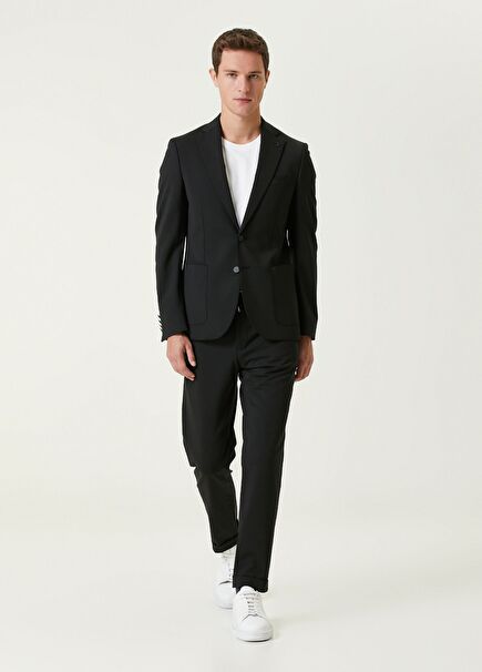 Slim Fit Siyah Diyagonal Dokulu Takım Elbise