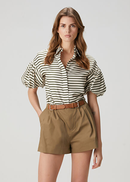 Khaki White Striped Silk Shirt