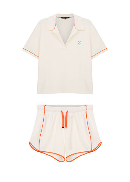 Colette Women's Pajama Set with Orange Beige Terry Welt Shorts Set