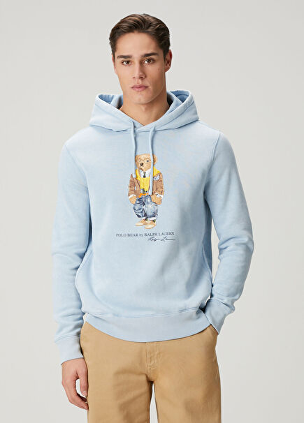 Mavi Kapüşonlu Logo Baskılı Sweatshirt