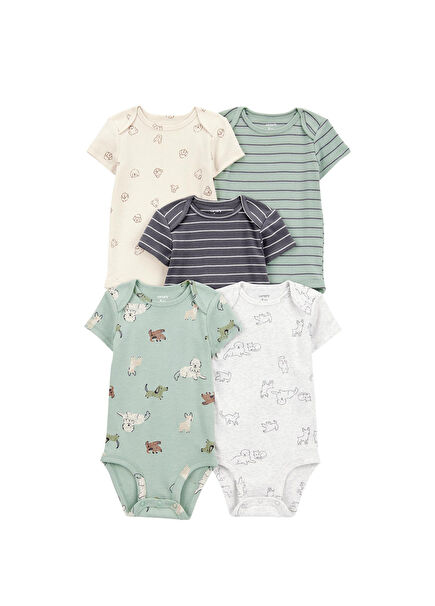 Colorful Patterned Short Sleeve Baby Boy 5-Piece Body Set