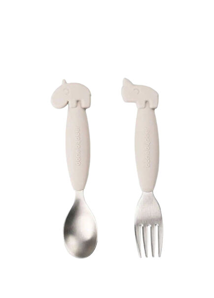Friends Beige Silicone Steel Unisex Kids Fork and Spoon Set