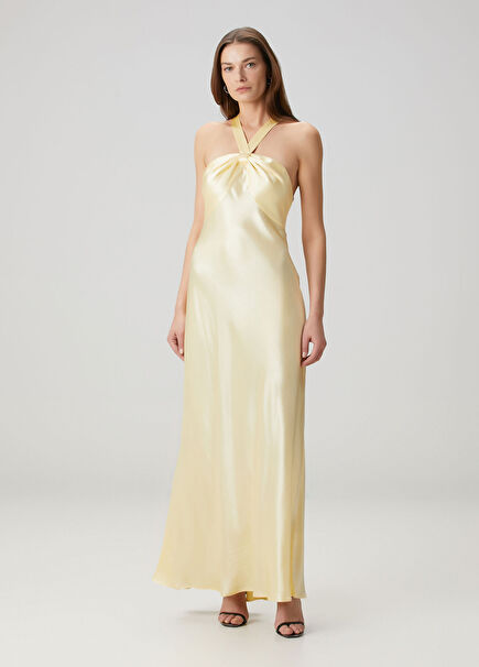 Losanna Sarı Maksi Saten Abiye Elbise