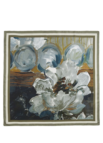 Khaki Floral Pattern Silk Scarf