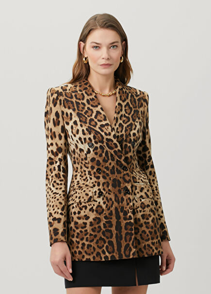 Leopard Print Double-Breasted Wool Jacket
