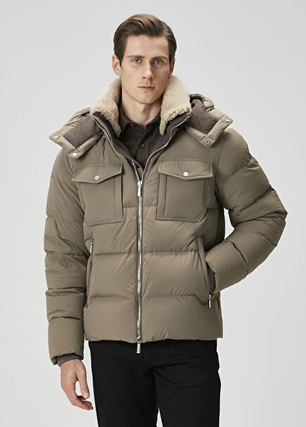 Bej Kapüşonlu Puff Mont