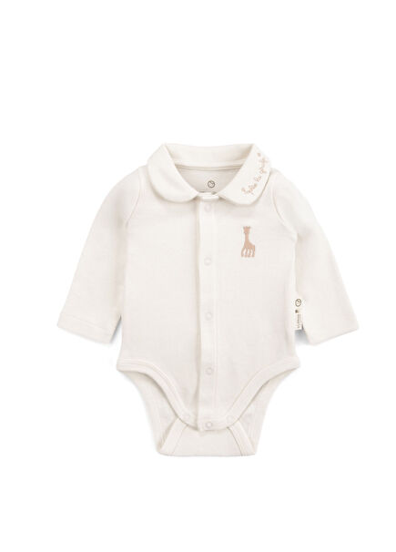 Sophie la Girafe Krem Rengi Organik Pamuk Bebe Yaka Uzun Kollu Unisex Bebek Body