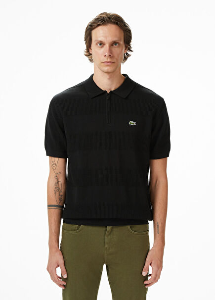 Classic Fit Siyah Çizgili Pamuklu Kısa Kollu Polo Yaka Erkek Triko