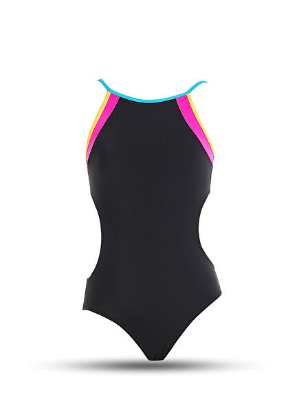 Black Color Collar Cut-Out Halter Neck Girls Swimsuit