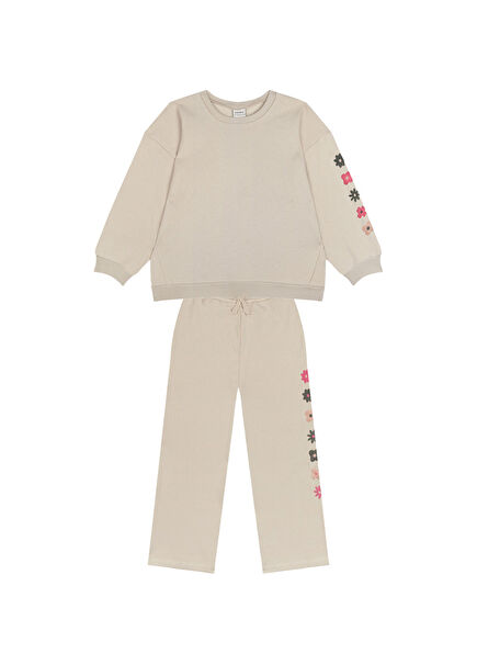 Krem Çiçek Desenli Sweatshirt Pantolon Kız Çocuk 2'li Set