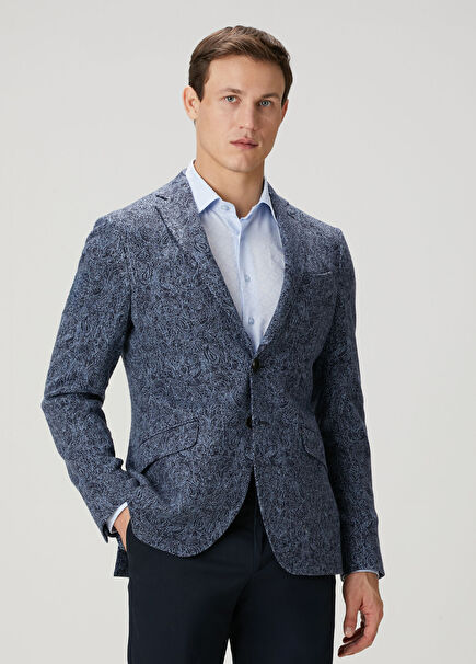 Mavi Etnik Desenli Yün Ceket