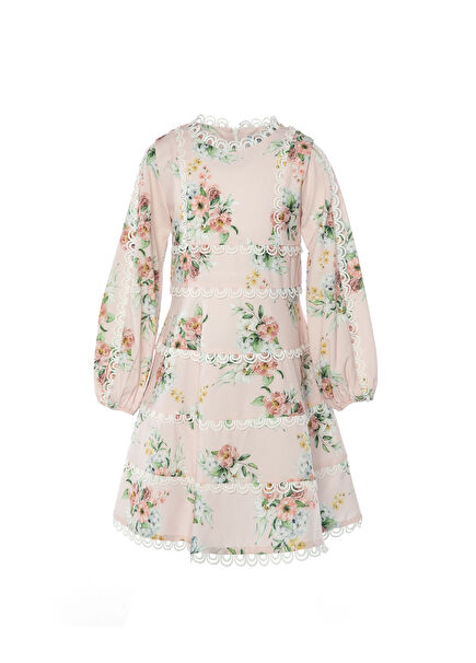 Pembe Dantel Detaylı Çiçekli Kız Çocuk Elbise