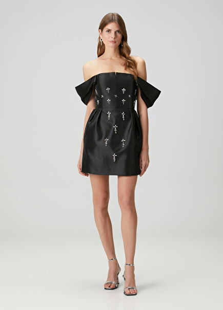 Stone Embroidered Black Strapless Women's Mini Evening Dress