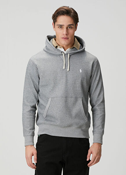 Gri Kapüşonlu Waffle Dokulu Sweatshirt