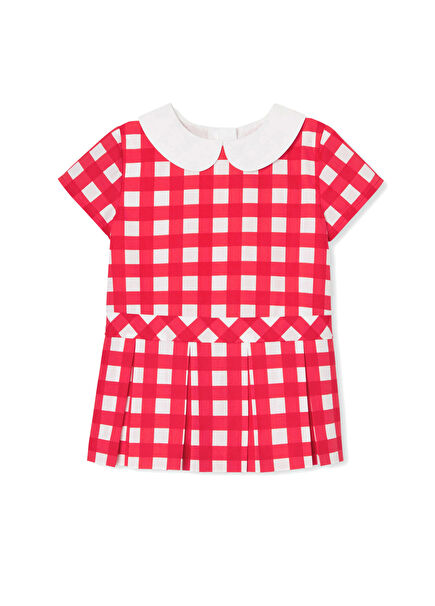 Kırmızı Peter Pan Yaka Kareli Kız Bebek Elbise