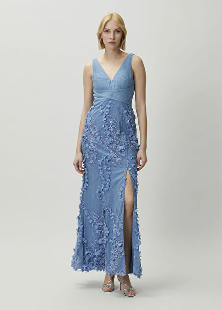 Mavi Çiçekli Maksi Abiye Elbise