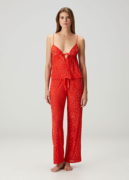 Sheer Velvet Kırmızı Askılı Pijama Seti