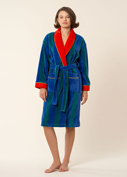 Tabea Green Blue Embroidered Velvet Cotton Unisex Bathrobe
