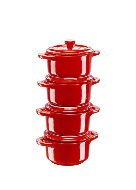 Kırmızı Seramik 4'lü Mini Cocotte Fırın Kabı Seti