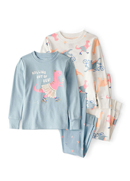 Desenli Yeşil Kız Çocuk 4'lü Pijama Takımı