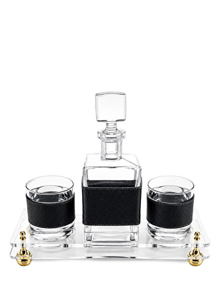 Black Leather Belted Glass Whiskey Set of 2