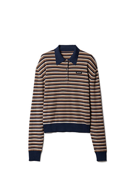 Striped Wool Polo Collar Long Sleeve Women's T-shirt