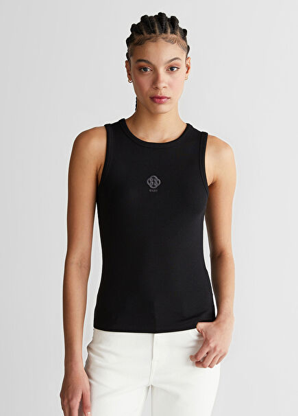 Siyah Bisiklet Yaka Regular Fit Kolsuz Kadın T-Shirt