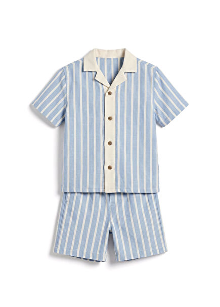 Blue Striped Knitwear Collar Detailed Cotton Boys' 2-Piece Set
