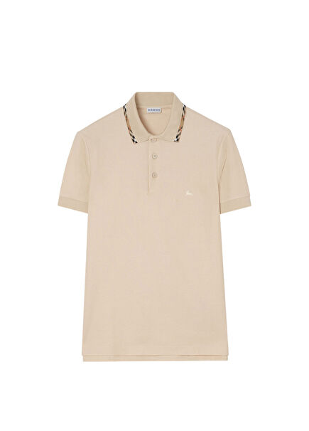 Cream Plaid Detailed Trim Cotton Polo Neck Short Sleeve Men's T-Shirt