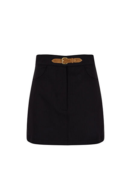 No16 Suede Belt Detailed Black Women's Mini Skirt