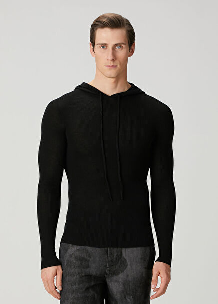 Black Hooded Wool Sweater