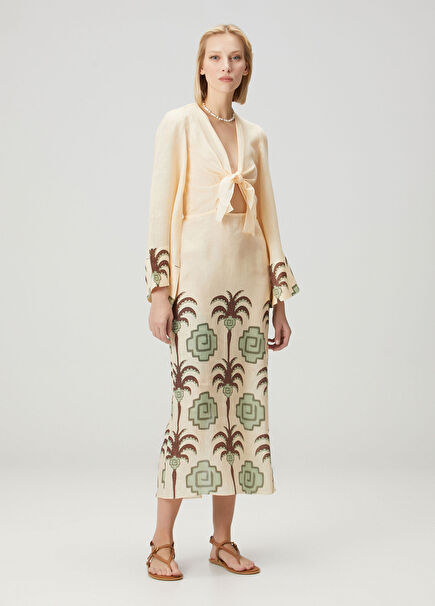 Multicolored Patterned Midi Linen Beach Dress