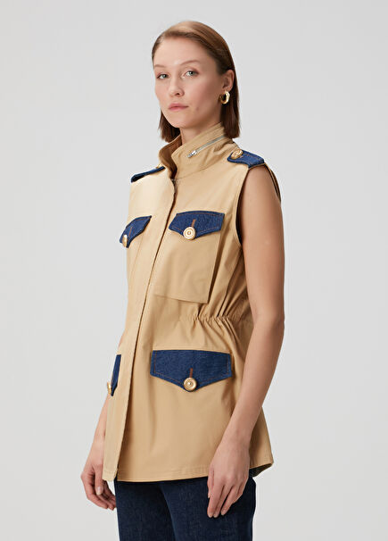 Beige Denim Inserted Vest