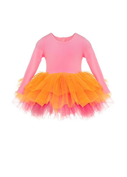 Pembe ve Turuncu Ombreli Kız Çocuk Tütülü Elbise