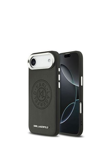 iPhone 17 Air Delikli Tasarım Metal Logolu Siyah PU Deri Magsafe Uyumlu Telefon Kılıfı