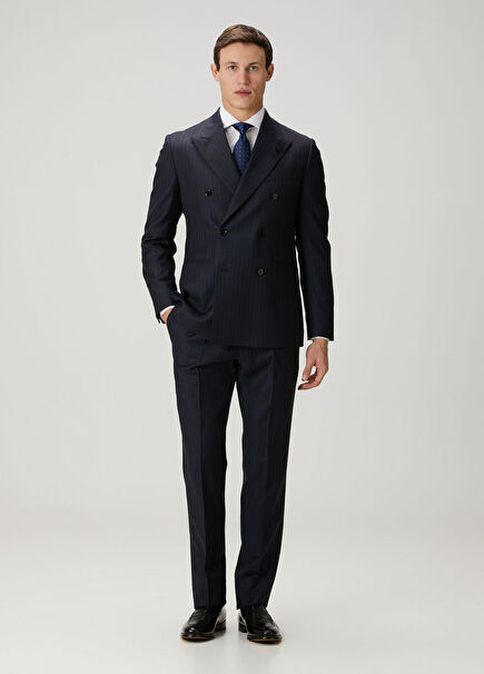 Navy Blue Striped Wool Double-Breasted Suit