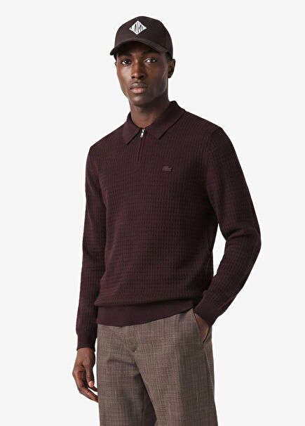 Bordo Yün Regular Fit Yarım Fermuarlı Erkek Kazak