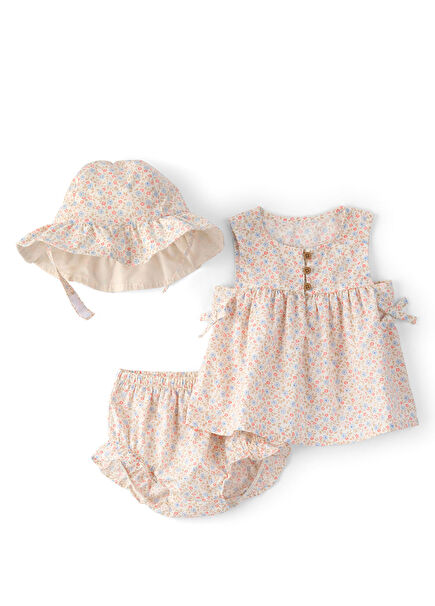 Floral Patterned Blouse Shorts and Hat Baby Girl Set of 3