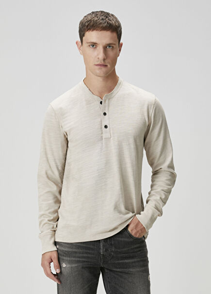Henley Krem Yakası Düğmeli Uzun Kollu T-shirt