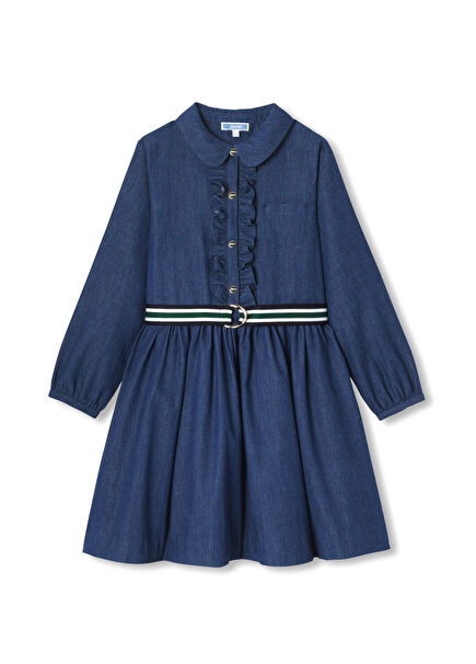Mavi Gömlek Yaka Uzun Kollu Kız Çocuk Denim Elbise